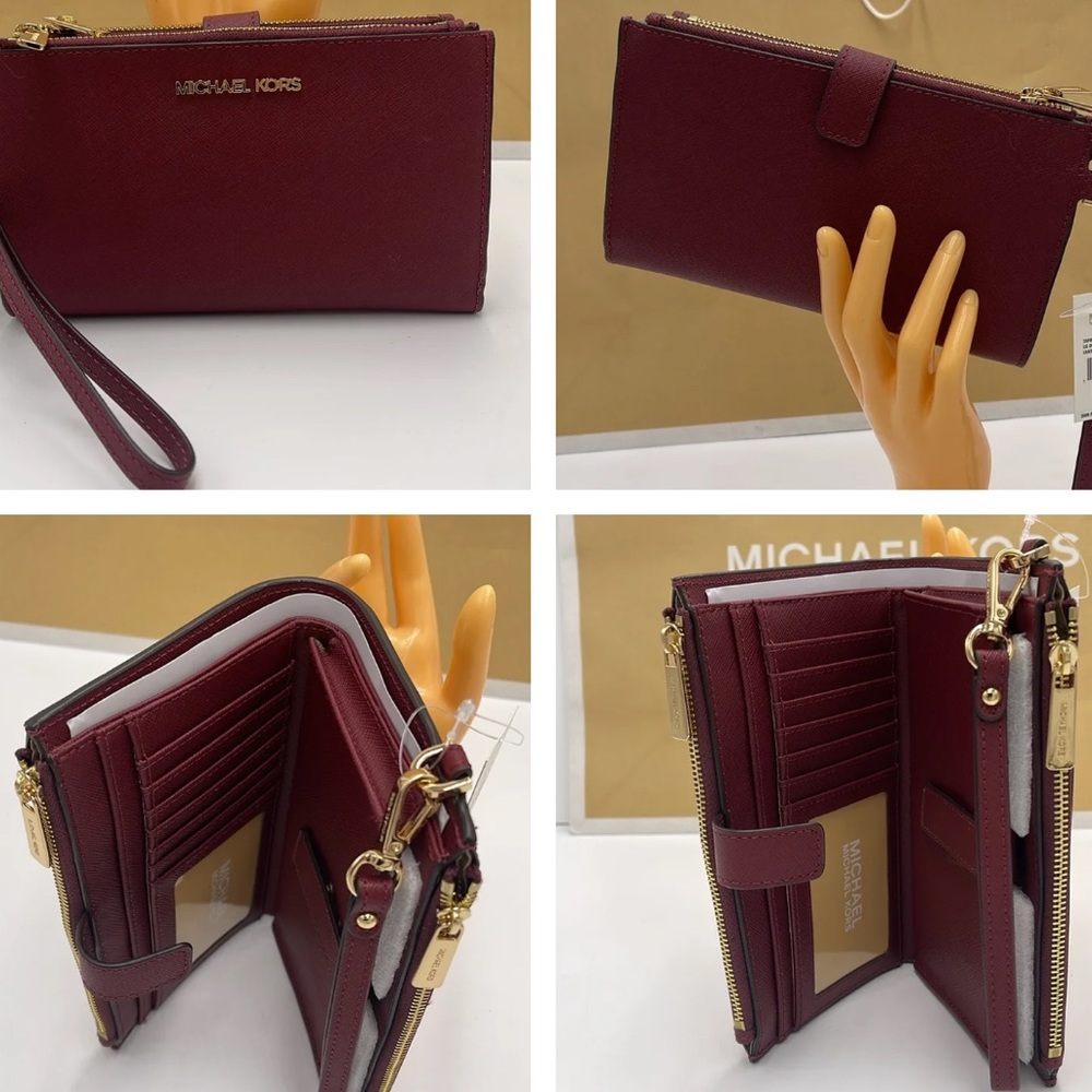 MICHAEL KORS Jet Set Travel LG Double Zip Wristlet Wallet Leather Dark Cherry - Picture 13 of 16
